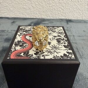 Gucci Gold Lion Head Ring with Crystal Accents
